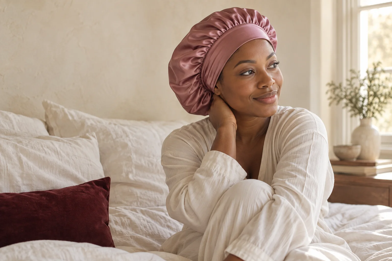 Rose silk bonnet lifestyle direction in an ivory bedroom
