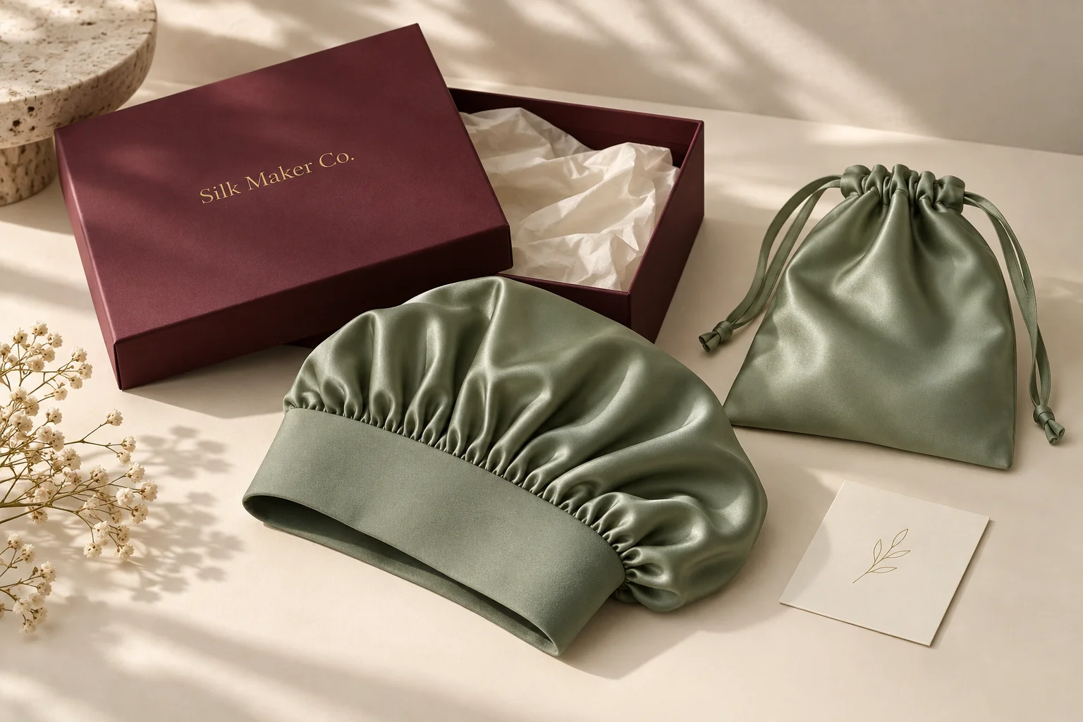 Design direction showing a sage bonnet, matching pouch and branded burgundy box