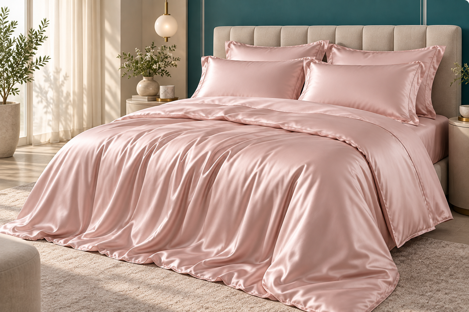 Blush pink silk bedding set on a contemporary bed
