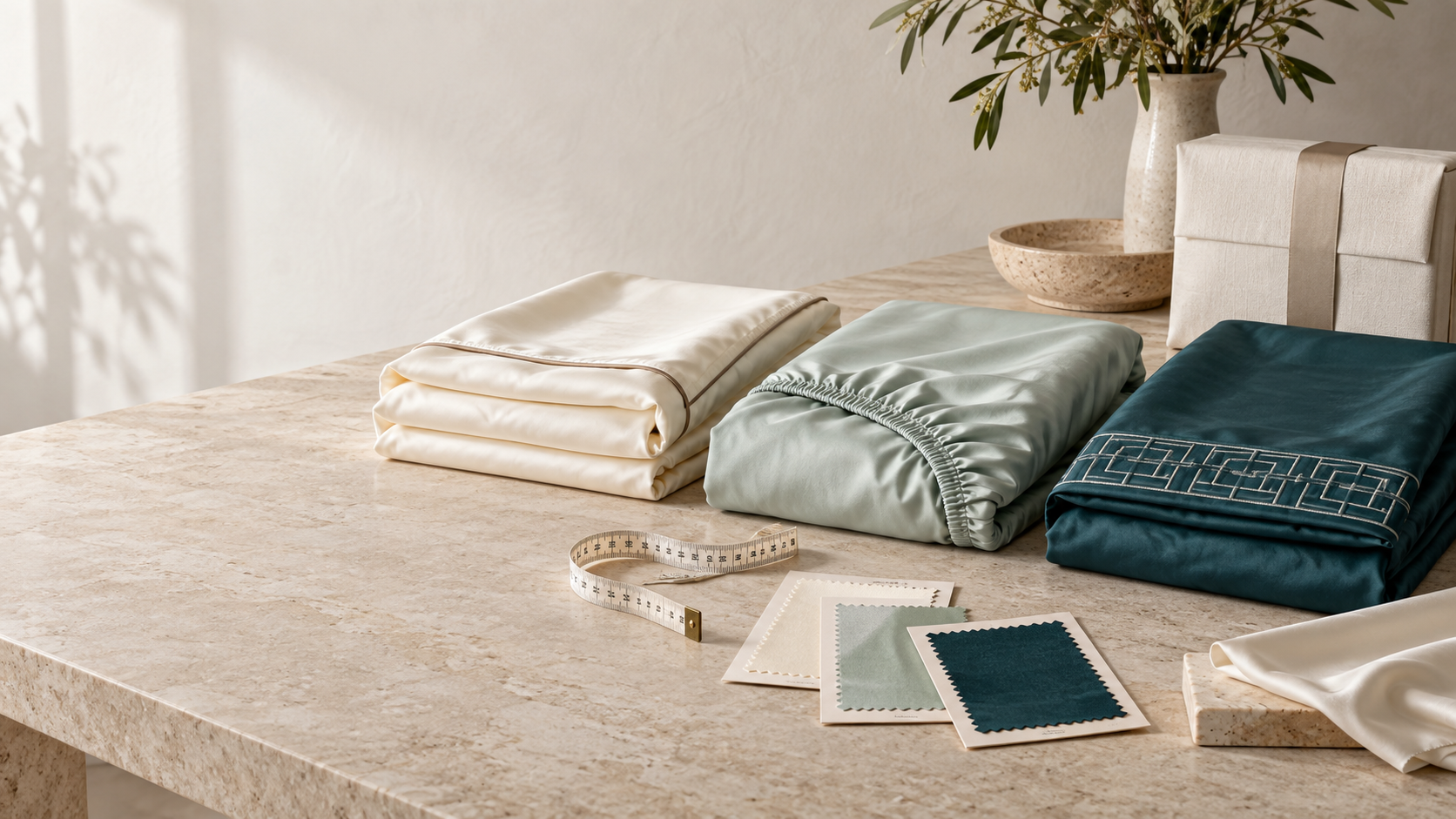 Silk bedding samples, fabric swatches and measuring tape arranged for a sample review
