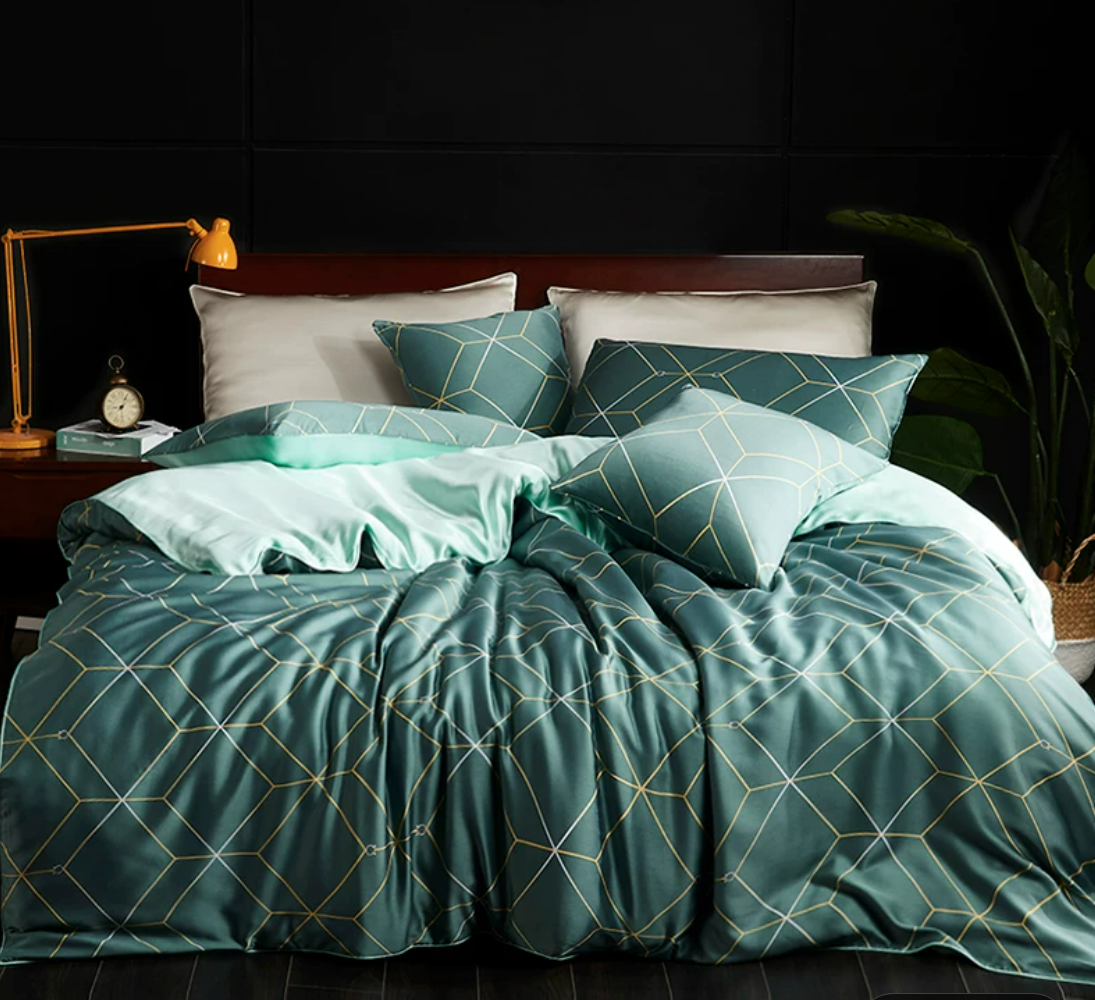 Deep teal geometric silk bedding set