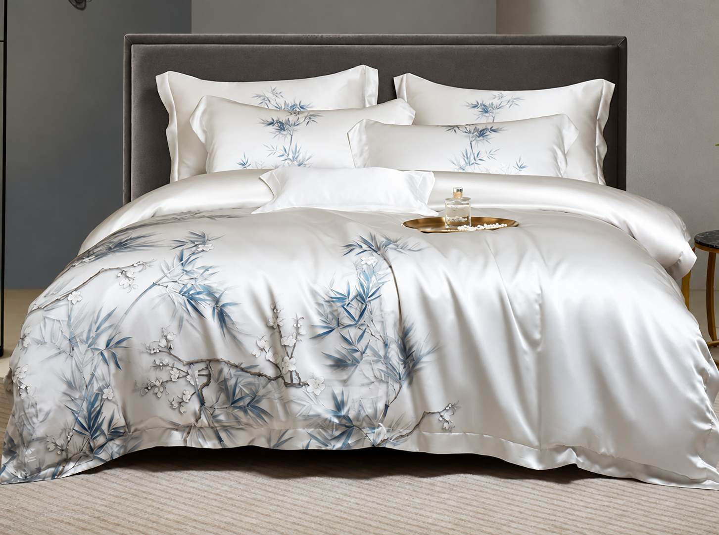 White embroidered bamboo and blossom silk bedding set