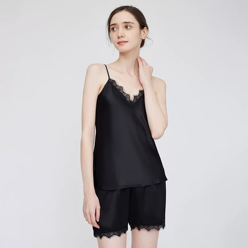 Black silk camisole and shorts set with lace trim