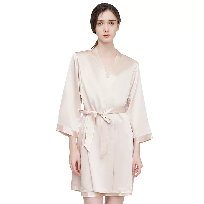 Blush silk wrap robe with long sleeves and waist tie