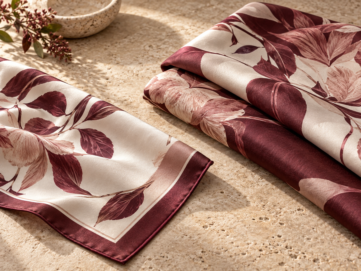 Printed silk bandana and folded silk wrap on a tabletop