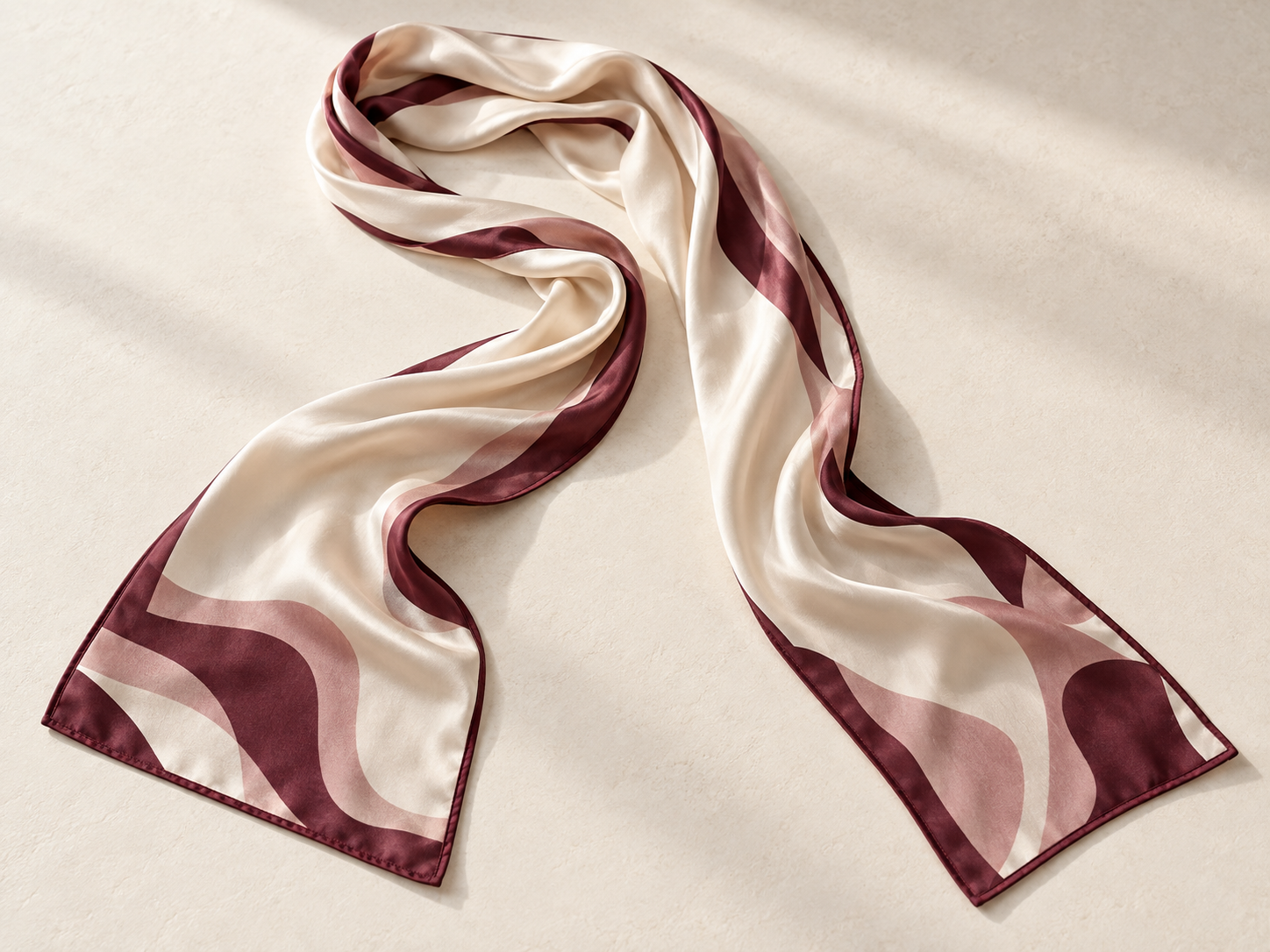 Long rectangular printed silk scarf with burgundy border