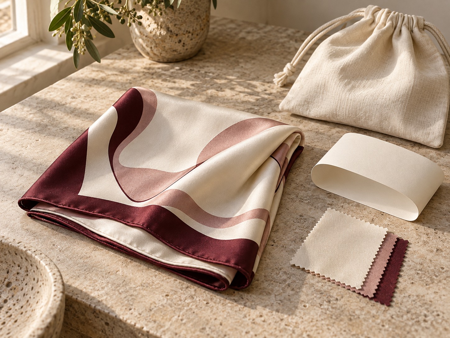 Folded printed silk scarf beside an ivory paper band, pouch and fabric swatches