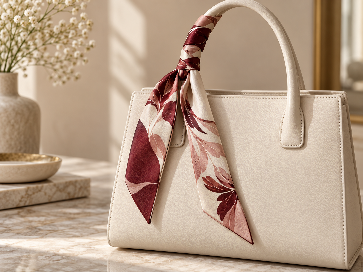 Twilly silk ribbon scarf wrapped around a handbag handle