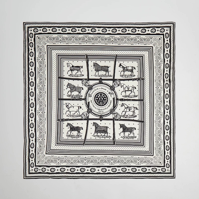 Black and white 19 momme mulberry silk square scarf with horse illustration
