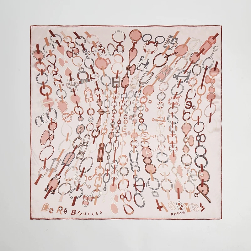Soft pink 19 momme mulberry silk square scarf with chain artwork