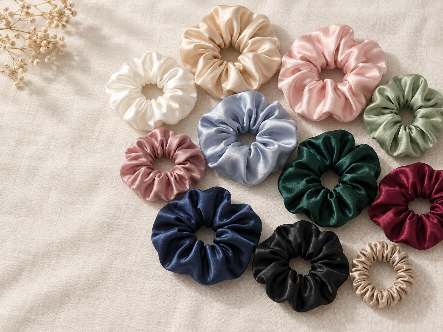 Silk scrunchies in ivory, champagne, blush, blue, sage, emerald, burgundy, navy and black arranged on warm linen