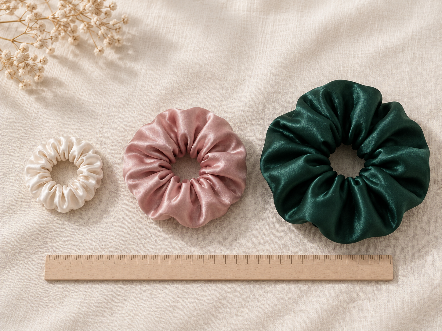 Slim, classic and oversized silk scrunchies in ivory, dusty rose and emerald arranged beside a ruler