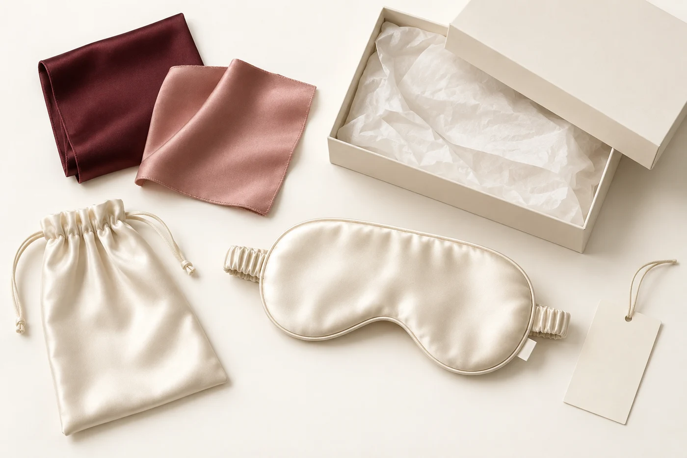Private-label design direction with silk swatches, label, pouch and box